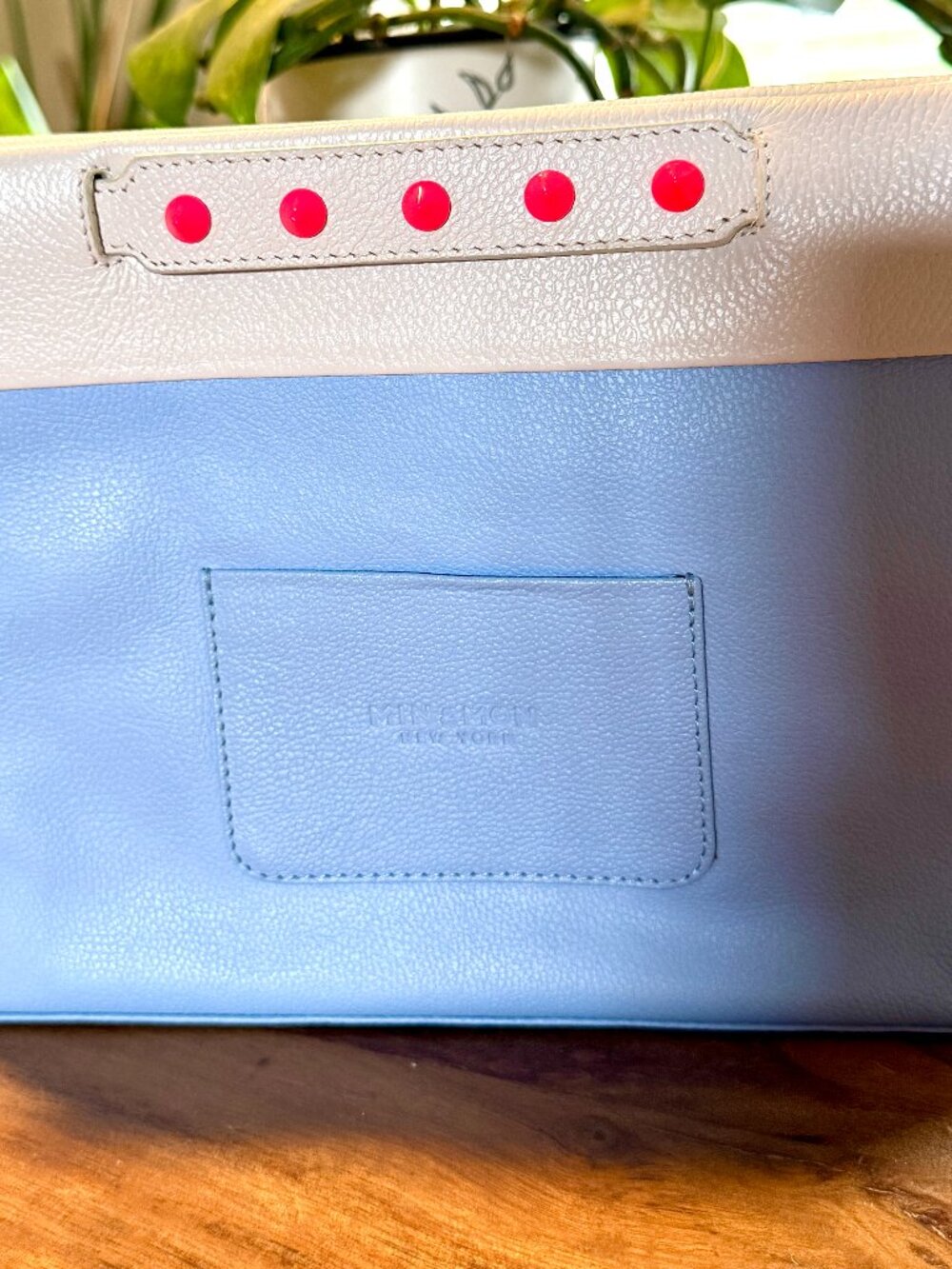 Min and Mon Vali Crossbody Soft Blue and Neon Bag with Neon Pink Spikes.